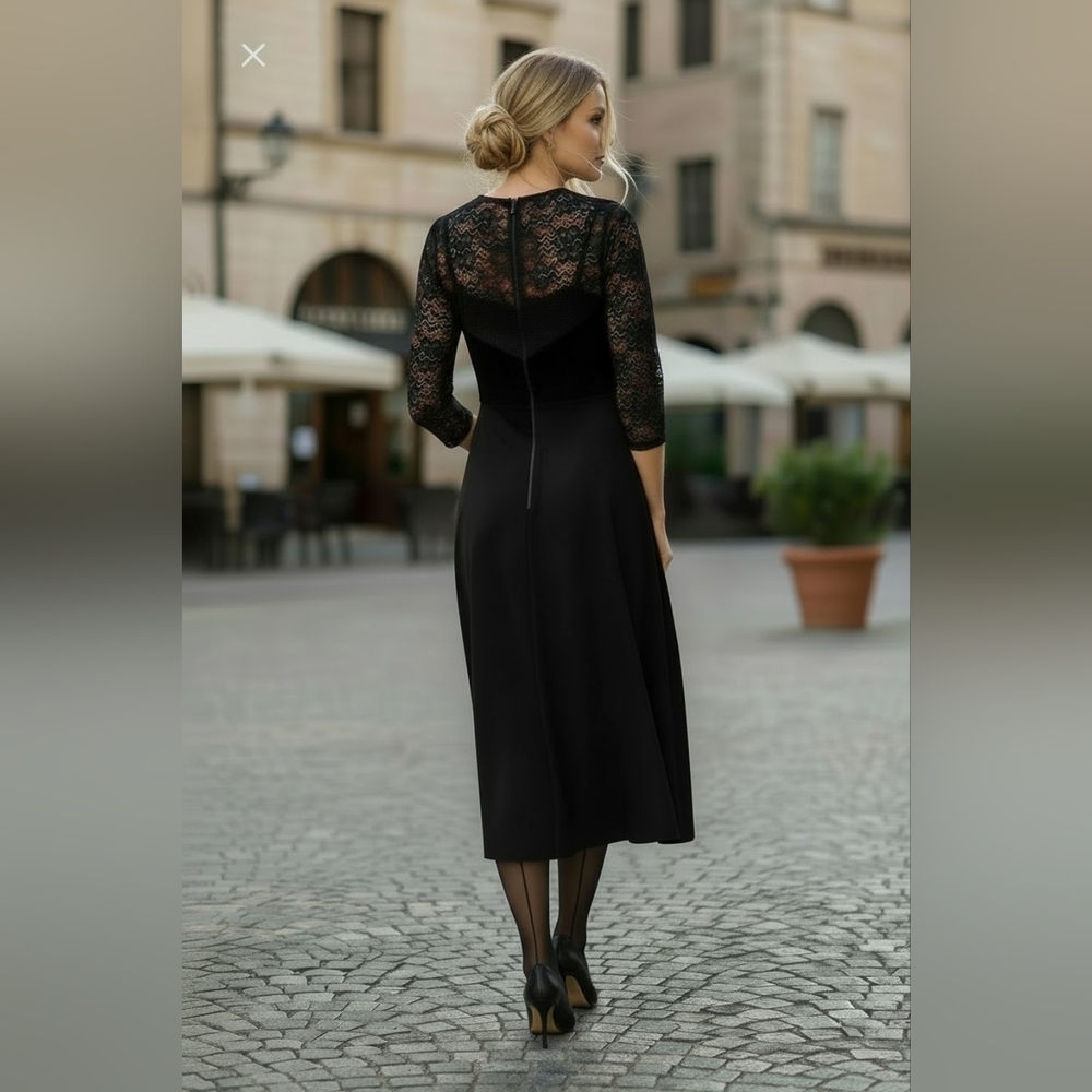 Black Velvet Dress  with lace bodice and back. Long Sleeve Dress. New!